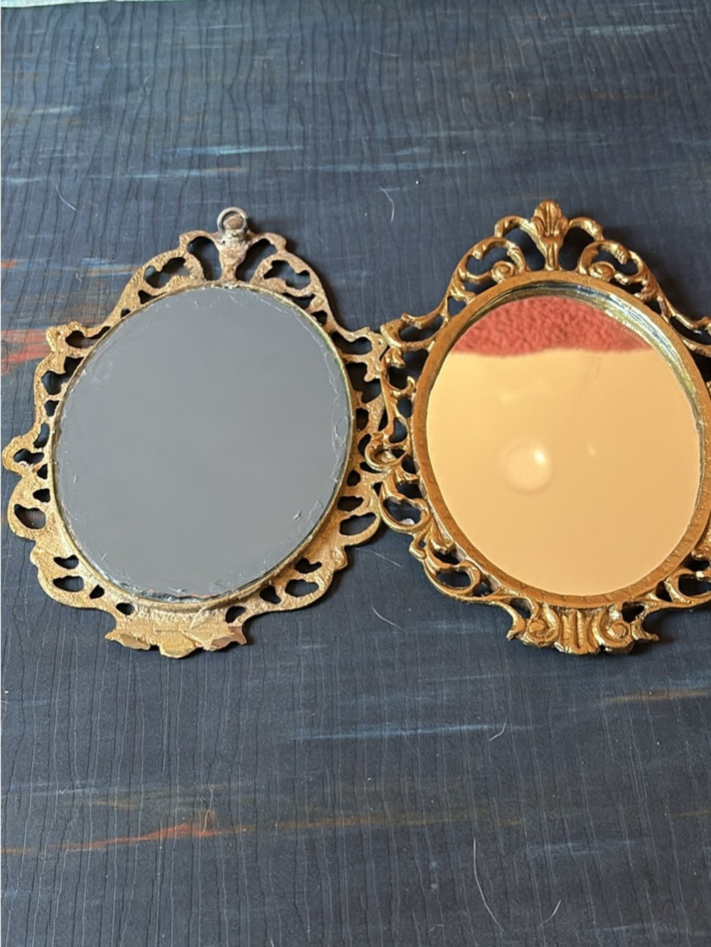 Ornate Vintage Brass  Wall Mirror Pair - 9.5”x6.5”